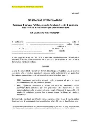 Bando 2101 - Allegato 7 - Dichiarazione integrativa al DGUE