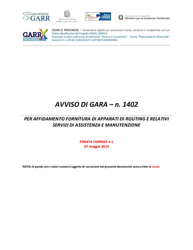 Bando 1402 - Avviso Procedura Gara - Errata Corrige
