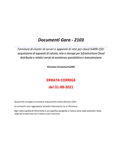 Bando 2103 - Capitolato tecnico di gara - ERRATA CORRIGE del 31/08/2021