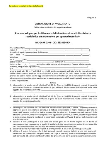 Bando 2101 - Allegato 5 - Dichiarazione di avvalimento e Dichiarazione sostitutiva del soggetto ausiliario
