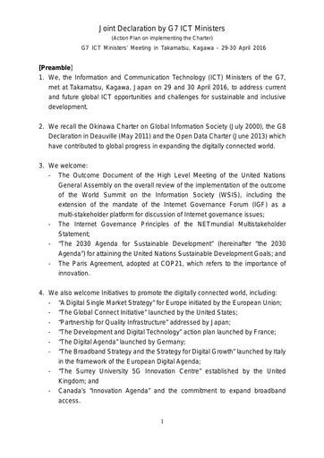 Joint Declaration by G7 ICT Ministers