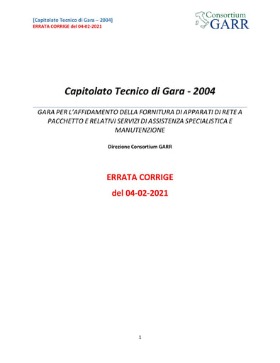 Bando 2004 - Capitolato Tecnico di Gara - Errata Corrige 04/02/2021