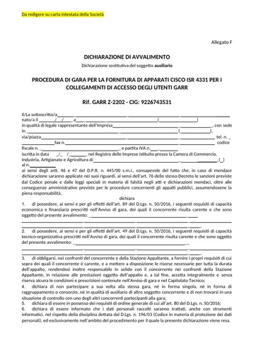 Bando Z-2202 - Allegato F - Dichiarazione di avvalimento - Dichiarazione sostitutiva del soggetto ausiliario