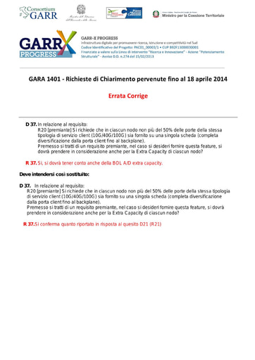 Bando 1401 - Chiarimenti fino 18 aprile 2014 - Errata Corrige
