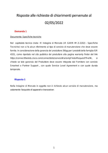 Bando IM Z-2202 - Richieste di chiarimenti al 02/05/2022