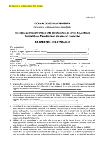 Bando 2105 - Allegato 5 - Dichiarazione di avvalimento - Dichiarazione sostitutiva del soggetto ausiliario