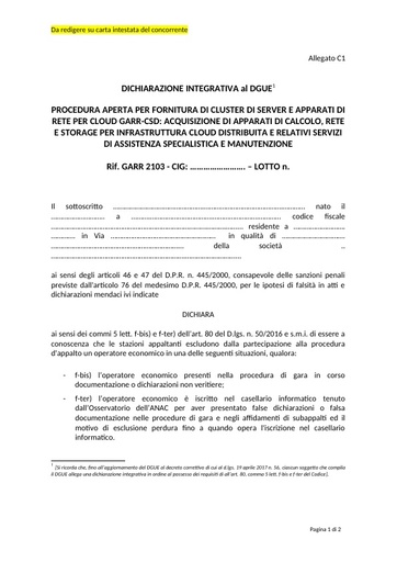 Bando 2103 - Allegato C1 - Dichiarazione integrativa al DGUE